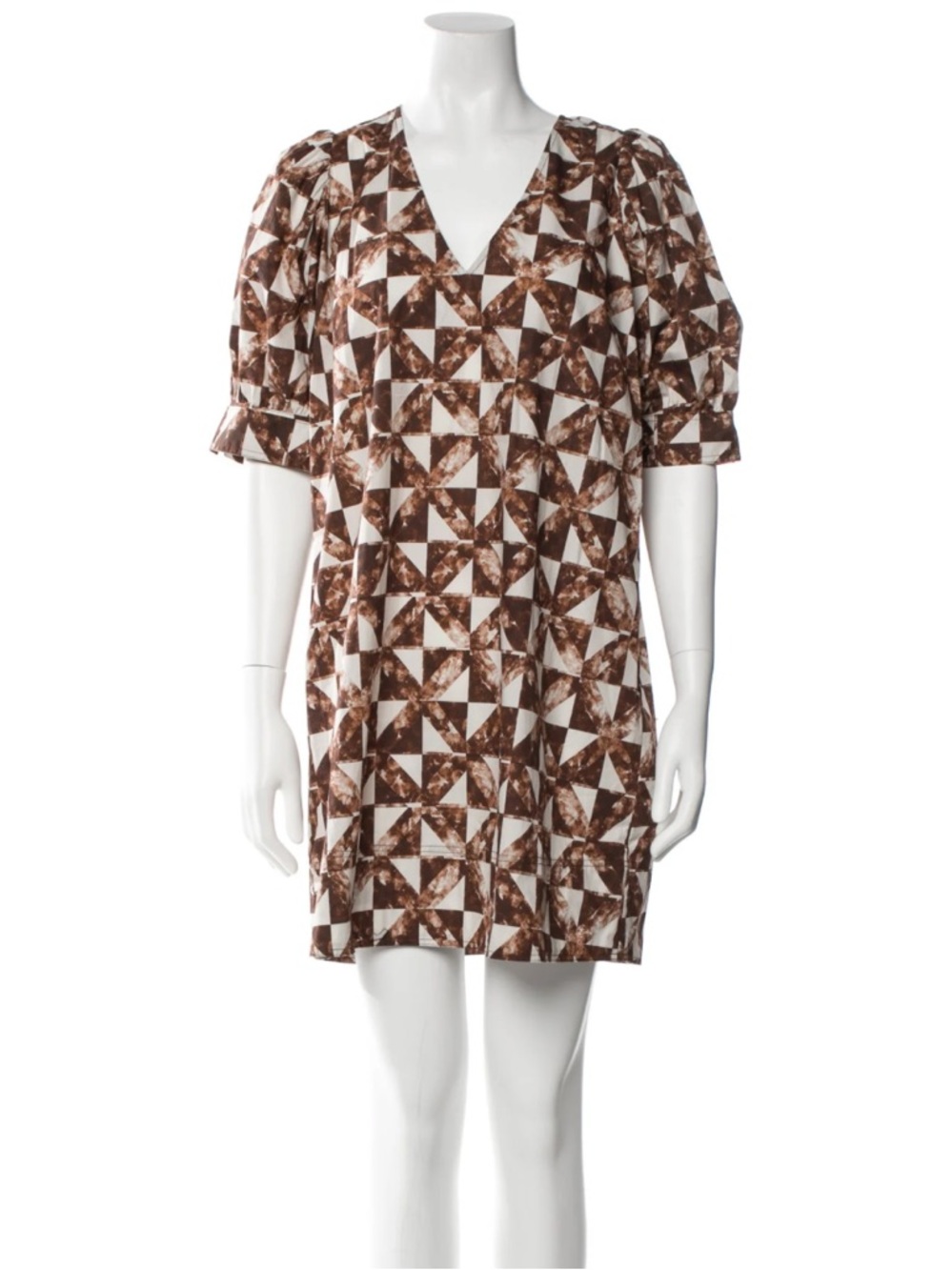 Marie Oliver OLA Brown and White Geometric Print Cotton Casual Dress